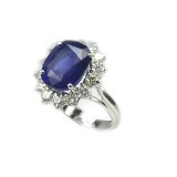 10.69 Ct Blue Sapphire and Diamond Engagement Ring, 18K White Gold